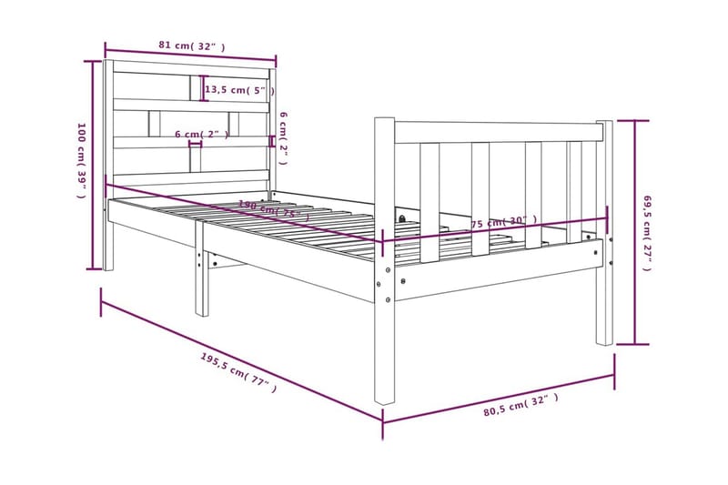 Sängram massiv furu 75x190 cm liten enkelsäng - Brun - Möbler - Säng - Sängram & sängstomme