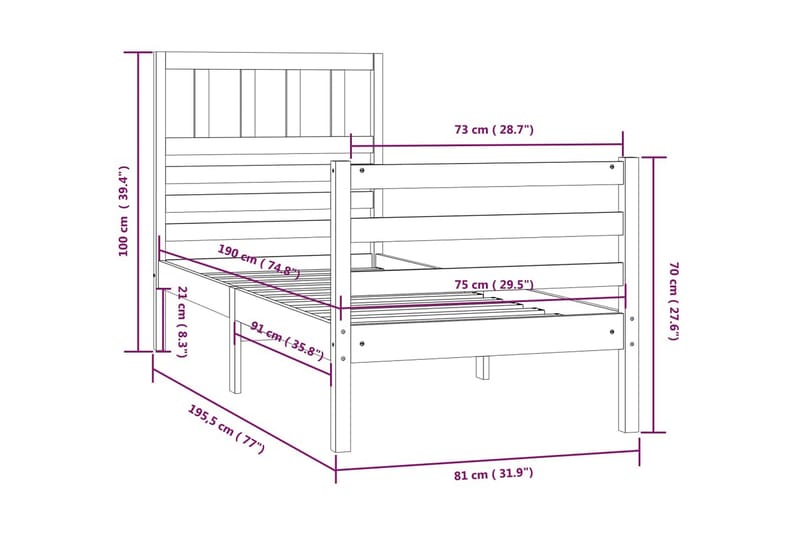 Sängram massivt trä 75x190 cm liten enkelsäng - Brun - Möbler - Säng - Sängram & sängstomme