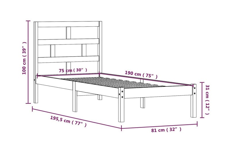 Sängram massivt trä 75x190 cm liten enkelsäng - Brun - Möbler - Säng - Sängram & sängstomme