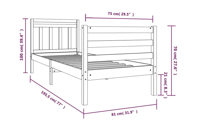 Sängram massivt trä 75x190 cm liten enkelsäng - Brun - Möbler - Säng - Sängram & sängstomme