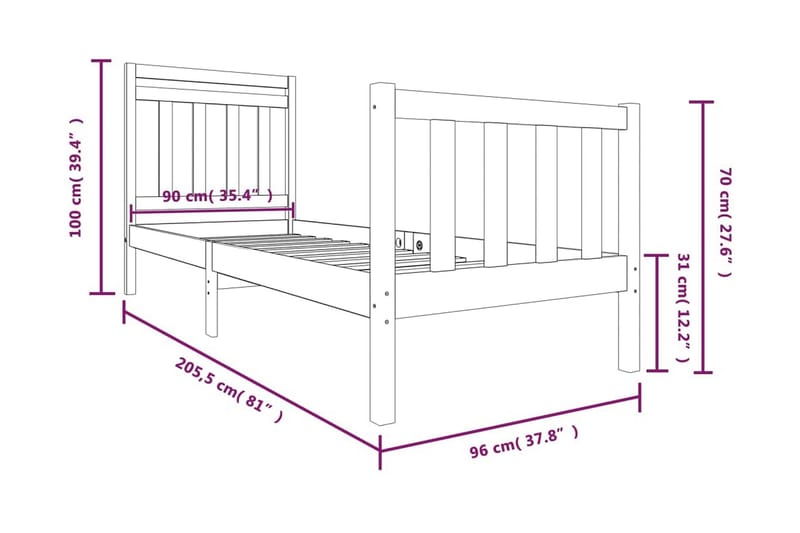 Sängram massivt trä 90x200 cm - Brun - Möbler - Säng - Sängram & sängstomme