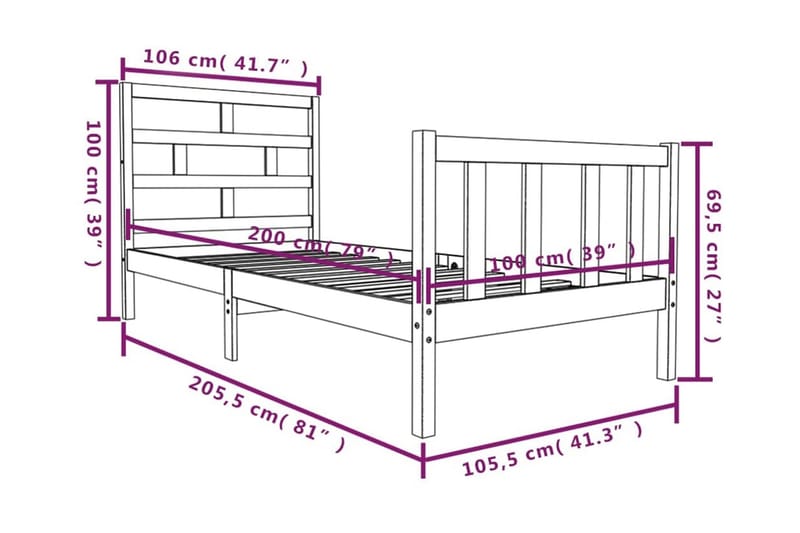 Sängram svart massivt furu 100x200 cm enkelsäng - Svart - Möbler - Säng - Sängram & sängstomme