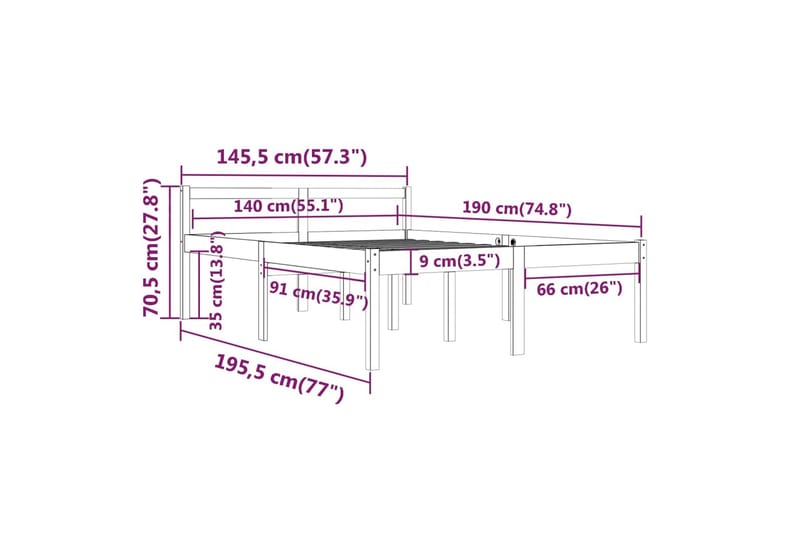 Sängram vit massiv furu 140x190 cm - Vit - Möbler - Säng - Sängram & sängstomme