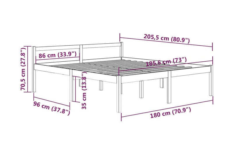 Sängram vit massiv furu 180x200 cm 6FT - Vit - Möbler - Säng - Sängram & sängstomme