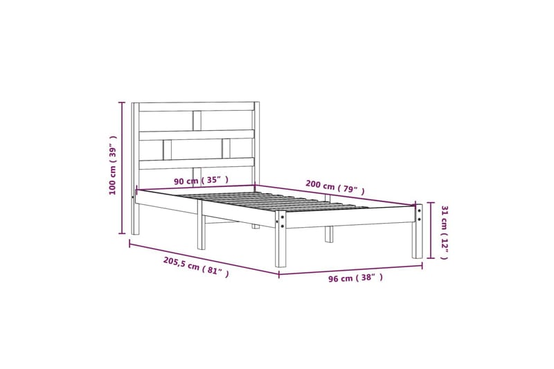 Sängram vit massiv furu 90x200 cm - Vit - Möbler - Säng - Sängram & sängstomme