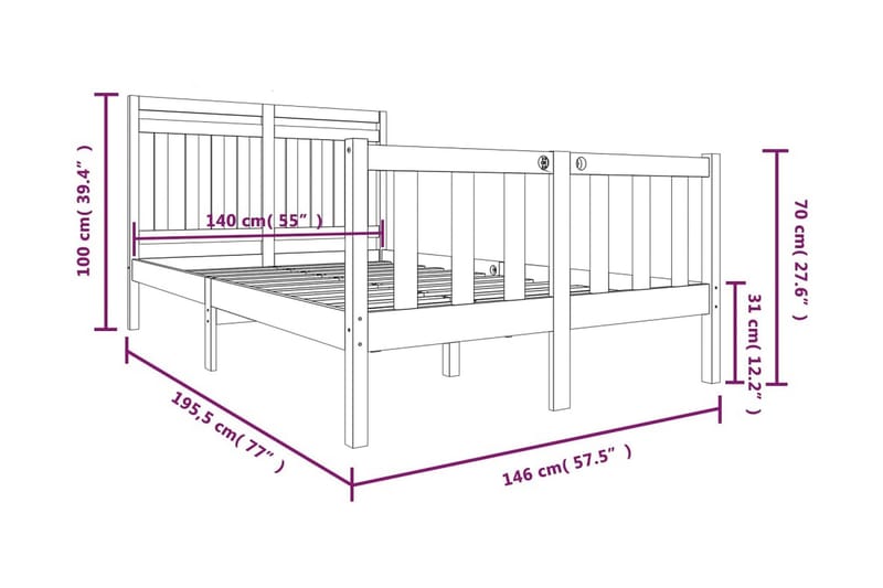 Sängram vit massivt trä 140x190 cm - Vit - Möbler - Säng - Sängram & sängstomme