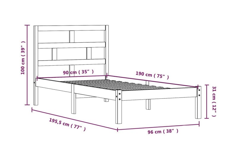 Sängram vit massivt trä 90x190 cm enkelsäng - Vit - Möbler - Säng - Sängram & sängstomme