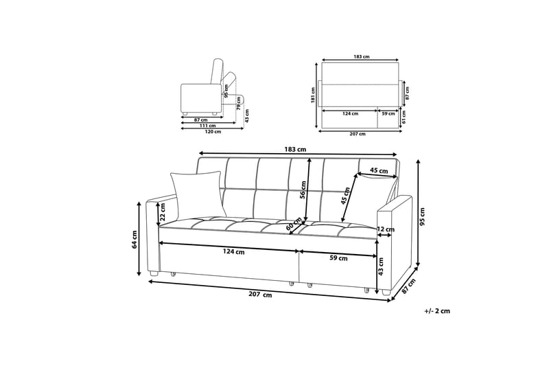 Bäddsoffa Glomma 207 cm - Svart|Grå - Möbler - Soffa - Bäddsoffa - 3 sits bäddsoffa