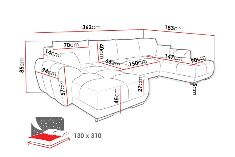 Simerly BädBädsoffa Dubbeldivan 4-sits - Svart - Möbler - Soffa - Bäddsoffa - U bäddsoffa