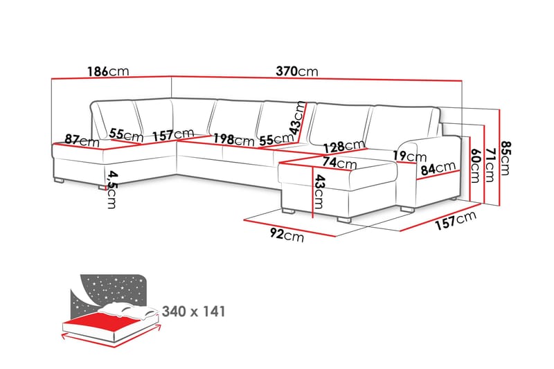 Taberk Soffa med Divan och Schäslong 5-sits - Grå - Möbler - Soffa - U-soffa