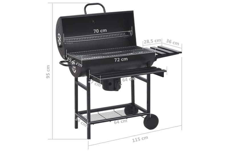 Grilltunna med hjul och bord svart stål 115x85x95 cm - Svart - Utemöbler & utemiljö - Grill & utekök - Kolgrillar