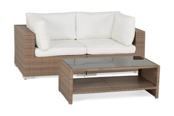 Bahamas Liten loungegrupp utomhus - Soffgrupp till balkong 2-sits - Litet loungeset konstrotting utemöbler - Beige med vita dynor - Utemöbler & utemiljö - Loungemöbler - Loungeset & loungegrupp