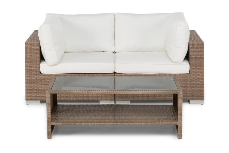 Bahamas Liten loungegrupp utomhus - Soffgrupp till balkong 2-sits - Litet loungeset konstrotting utemöbler - Beige med vita dynor - Utemöbler & utemiljö - Loungemöbler - Loungeset & loungegrupp