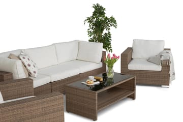 Bahamas Loungegrupp Utomhus - 5-sits Konstrotting Utemöbler Loungeset för Uteplats - Beige / Vita dynor - Utemöbler & utemiljö - Loungemöbler - Loungeset & loungegrupp