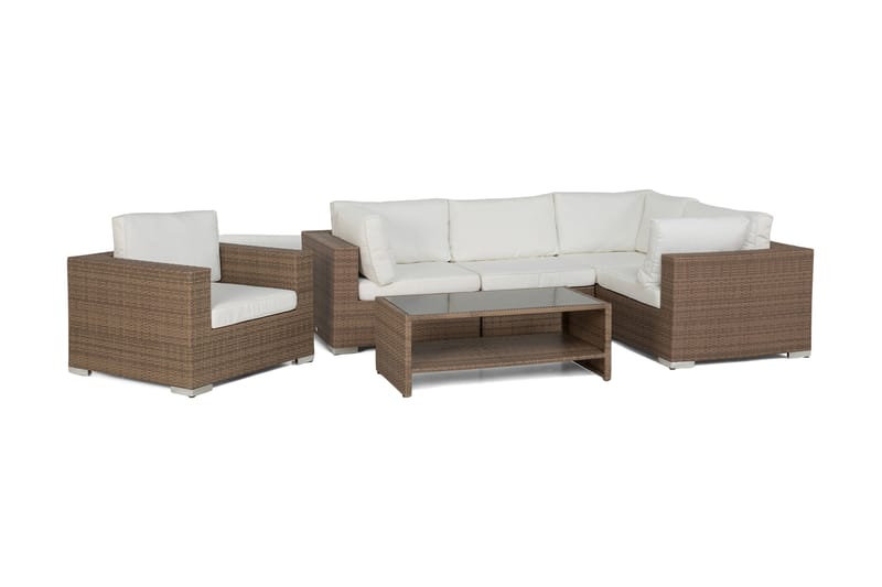 Bahamas Loungegrupp utomhus - Soffgrupp till trädgård 5-sits - Loungeset konstrotting utemöbler - Beige / Vita dynor - Utemöbler & utemiljö - Loungemöbler - Loungeset & loungegrupp