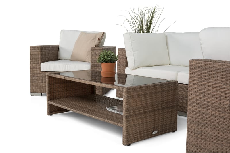 Bahamas Loungegrupp utomhus - Soffgrupp till trädgård 5-sits - Loungeset konstrotting utemöbler - Beige / Vita dynor - Utemöbler & utemiljö - Loungemöbler - Loungeset & loungegrupp