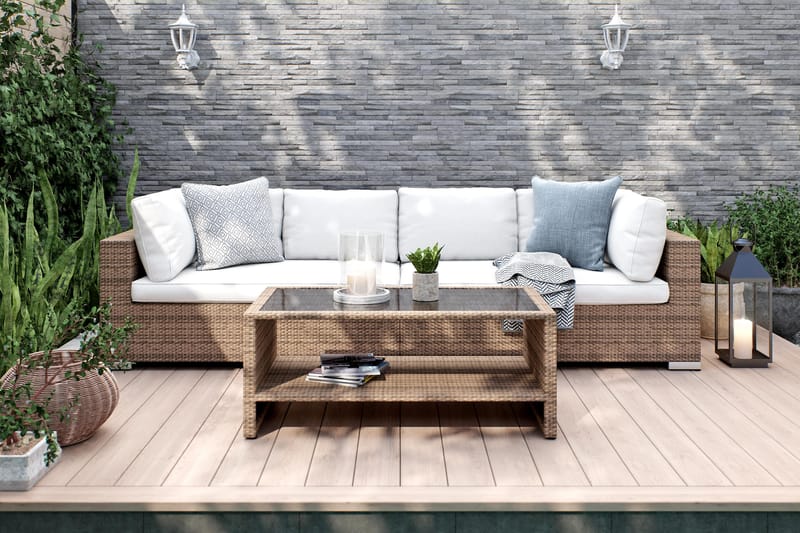 Bahamas Loungegrupp utomhus - Soffgrupp till uteplats 4-sits - Loungeset konstrotting utemöbler - Beige / Vita dynor - Utemöbler & utemiljö - Loungemöbler - Loungeset & loungegrupp