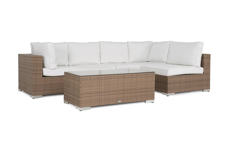 Bahamas Loungegrupp utomhus - Soffgrupp till uteplats 5-sits - Loungeset konstrotting utemöbler - Bord med glasskiva - Sand / Beige / Vita dynor - Utemöbler & utemiljö - Loungemöbler - Loungeset & loungegrupp