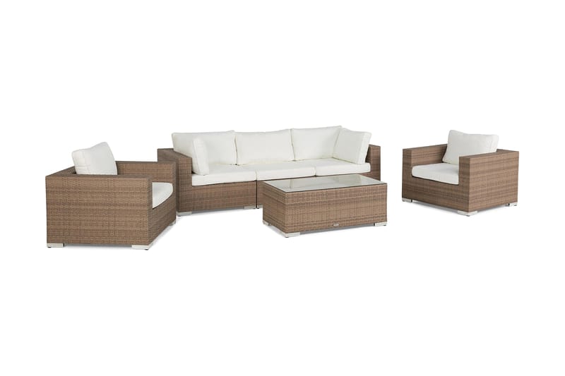 Bahamas Loungegrupp utomhus - Soffgrupp till uteplats trädgård 5-sits - Loungeset konstrotting utemöbler - Beige / Vita dynor - Utemöbler & utemiljö - Loungemöbler - Loungeset & loungegrupp