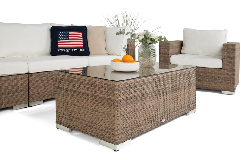 Bahamas Loungegrupp utomhus - Soffgrupp till uteplats trädgård 5-sits - Loungeset konstrotting utemöbler - Beige / Vita dynor - Utemöbler & utemiljö - Loungemöbler - Loungeset & loungegrupp