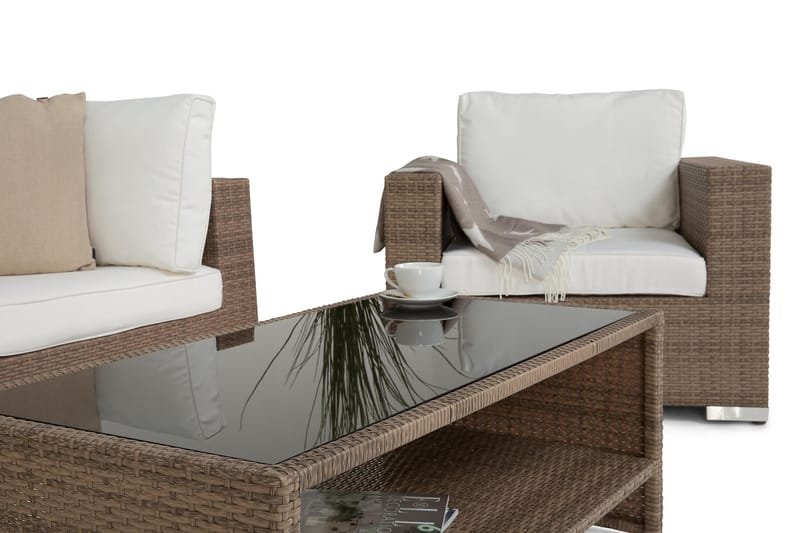 Bahamas Loungegrupp utomhus - Soffgrupp till uteplatsen 4-sits - Loungeset konstrotting utemöbler - Sand / Brun / Beige / Vita dynor - Utemöbler & utemiljö - Loungemöbler - Loungeset & loungegrupp