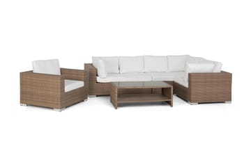 Bahamas Stor Loungegrupp Utomhus - 6-sits Konstrotting Utemöbler Loungeset för Trädgård - Beige / Vita dynor - Utemöbler & utemiljö - Loungemöbler - Loungeset & loungegrupp