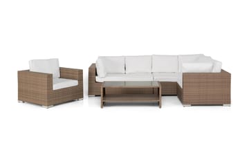 Bahamas Stor Loungegrupp Utomhus - 6-sits Konstrotting Utemöbler Loungeset för Trädgård - Beige / Vita dynor - Utemöbler & utemiljö - Loungemöbler - Loungeset & loungegrupp