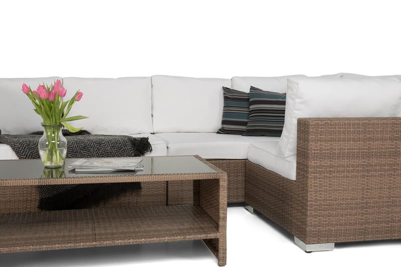 Bahamas Stor Loungegrupp Utomhus - 6-sits Konstrotting Utemöbler Loungeset för Trädgård - Beige / Vita dynor - Utemöbler & utemiljö - Loungemöbler - Loungeset & loungegrupp