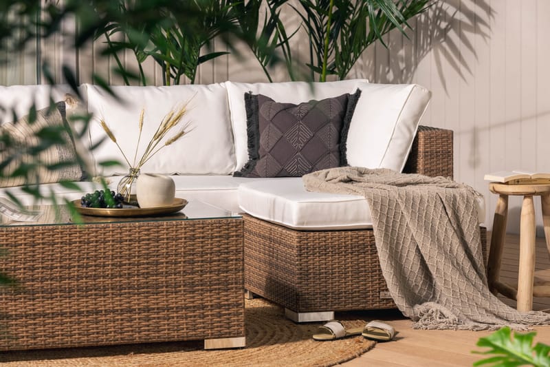 Bahamas Stor Loungegrupp Utomhus - 6-sits Konstrotting Utemöbler Loungeset för Uteplats och Trädgård - Beige / Vita dynor / Plast - Utemöbler & utemiljö - Loungemöbler - Loungeset & loungegrupp