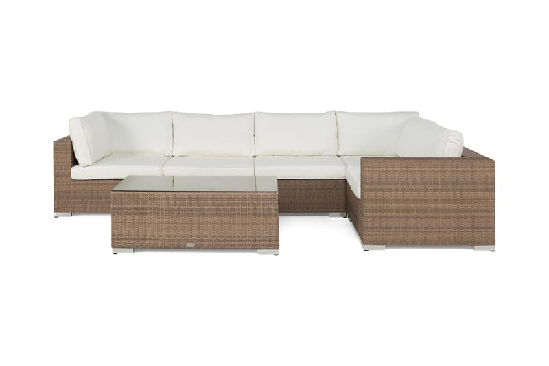 Bahamas Stor Loungegrupp Utomhus - 6-sits Konstrotting Utemöbler Loungeset för Uteplats och Uterum - Beige / Vita dynor - Utemöbler & utemiljö - Loungemöbler - Loungeset & loungegrupp