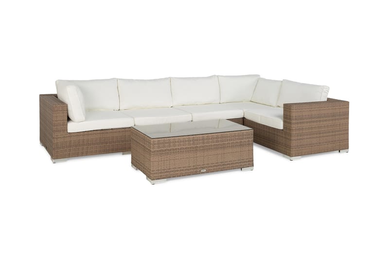 Bahamas Stor Loungegrupp Utomhus - 6-sits Konstrotting Utemöbler Loungeset för Uteplats och Uterum - Beige / Vita dynor - Utemöbler & utemiljö - Loungemöbler - Loungeset & loungegrupp