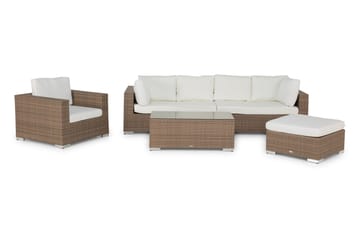 Bahamas Stor loungegrupp utomhus - Soffgrupp för uteplats 6-sits - Loungeset i konstrotting utemöbler - Beige / Vita dynor - Utemöbler & utemiljö - Loungemöbler - Loungeset & loungegrupp