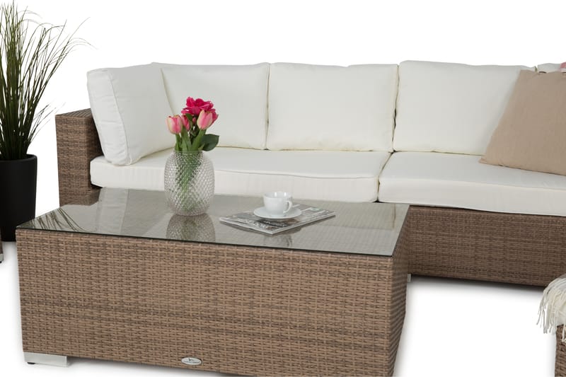 Bahamas Stor loungegrupp utomhus - Soffgrupp för uteplats 6-sits - Loungeset i konstrotting utemöbler - Beige / Vita dynor - Utemöbler & utemiljö - Loungemöbler - Loungeset & loungegrupp