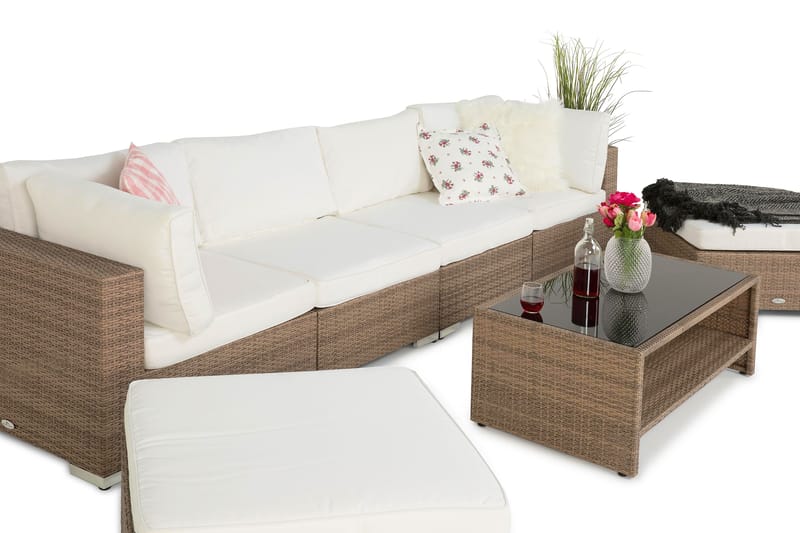 Bahamas Stor loungegrupp utomhus - Soffgrupp för uteplats 6-sits - Loungeset konstrotting utemöbler - Beige / Vita dynor - Utemöbler & utemiljö - Loungemöbler - Loungeset & loungegrupp