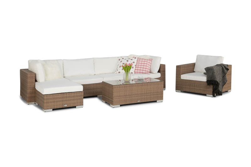 Bahamas Stor loungegrupp utomhus - Soffgrupp till uteplats 6-sits - Loungeset konstrotting utemöbler - Beige / Vita dynor - Utemöbler & utemiljö - Loungemöbler - Loungeset & loungegrupp