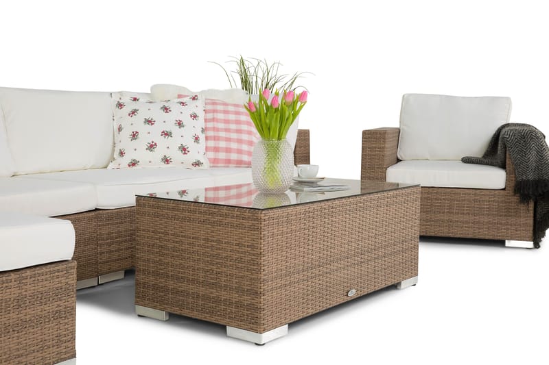 Bahamas Stor loungegrupp utomhus - Soffgrupp till uteplats 6-sits - Loungeset konstrotting utemöbler - Beige / Vita dynor - Utemöbler & utemiljö - Loungemöbler - Loungeset & loungegrupp