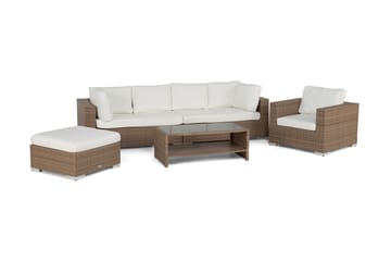 Bahamas Stor loungegrupp utomhus - Soffgrupp till uteplats 6-sits - Loungeset konstrotting utemöbler - Sand / Beige / Brun med Vita dynor - Utemöbler & utemiljö - Loungemöbler - Loungeset & loungegrupp