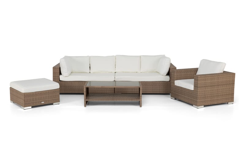 Bahamas Stor loungegrupp utomhus - Soffgrupp till uteplats 6-sits - Loungeset konstrotting utemöbler - Sand / Beige / Brun med Vita dynor - Utemöbler & utemiljö - Loungemöbler - Loungeset & loungegrupp