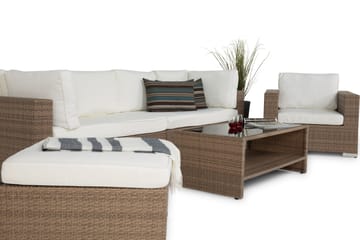 Bahamas Stor loungegrupp utomhus - Soffgrupp till uteplats 6-sits - Loungeset konstrotting utemöbler - Sand / Beige / Brun med Vita dynor - Utemöbler & utemiljö - Loungemöbler - Loungeset & loungegrupp