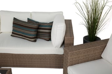 Bahamas Stor loungegrupp utomhus - Soffgrupp till uteplats 6-sits - Loungeset konstrotting utemöbler - Sand / Beige / Brun med Vita dynor - Utemöbler & utemiljö - Loungemöbler - Loungeset & loungegrupp