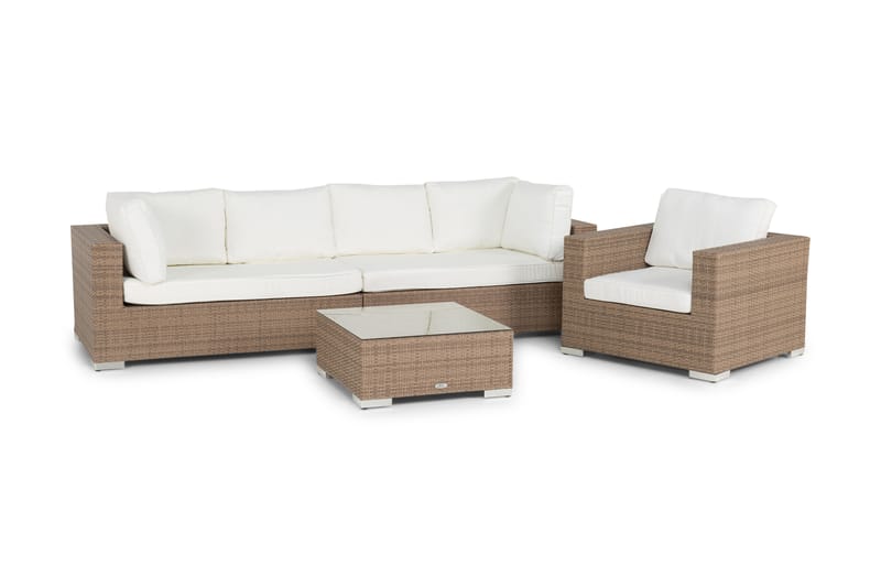 Bahamas Stor loungegrupp utomhus - Soffgrupp till uteplats 6-sits - Loungeset konstrotting utemöbler - Sand / Beige / Vita dynor - Utemöbler & utemiljö - Loungemöbler - Loungeset & loungegrupp