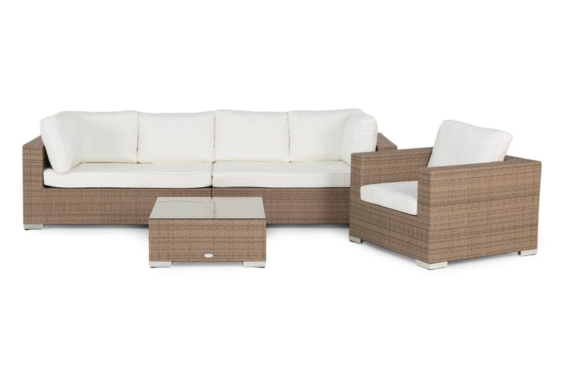 Bahamas Stor loungegrupp utomhus - Soffgrupp till uteplats 6-sits - Loungeset konstrotting utemöbler - Sand / Beige / Vita dynor - Utemöbler & utemiljö - Loungemöbler - Loungeset & loungegrupp