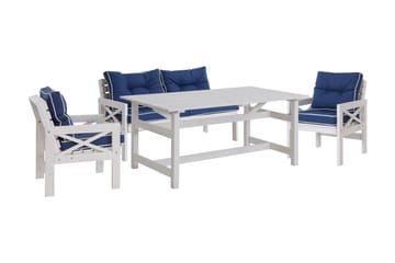 Husarn 4-sits Matgrupp utomhus 160 cm - Loungegrupp uteplats - Loungeset trä utemöbler - Vit / Blåa dynor - Utemöbler & utemiljö - Loungemöbler - Loungeset & loungegrupp