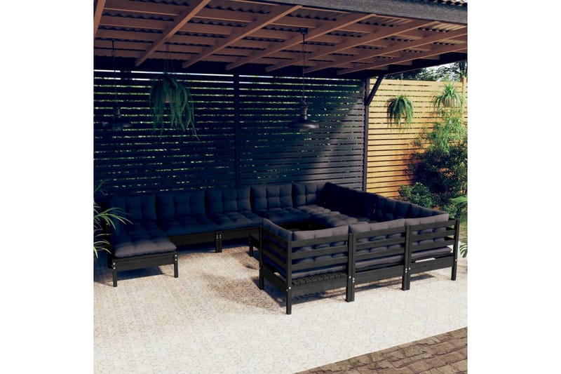 Loungegrupp för trädgården med dynor 12 delar svart massiv f - Svart - Loungeset & loungegrupp - Soffgrupp utomhus