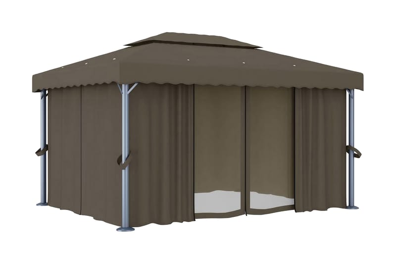 Paviljong med draperi 4x3 m taupe aluminium - Brun - Utemöbler & utemiljö - Solskydd - Paviljong - Komplett paviljong