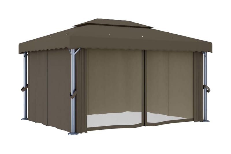 Paviljong med draperi 4x3 m taupe aluminium - Brun - Utemöbler & utemiljö - Solskydd - Paviljong - Komplett paviljong