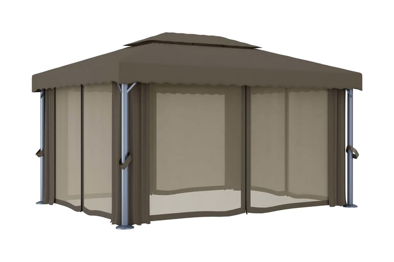 Paviljong med draperi 4x3 m taupe aluminium - Brun - Utemöbler & utemiljö - Solskydd - Paviljong - Komplett paviljong