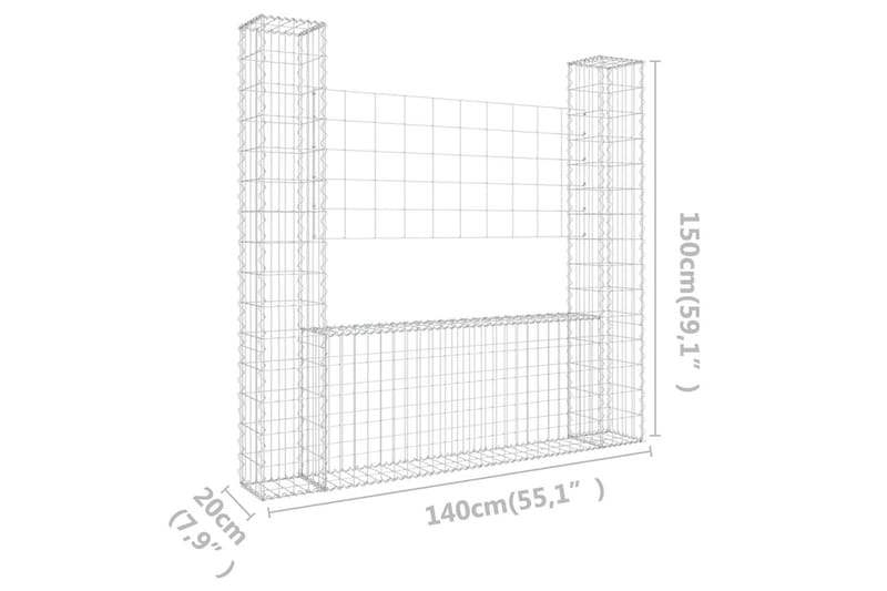 U-formad Gabionkorg med 2 stolpar järn 140x20x150 cm - Silver - Staket & grind