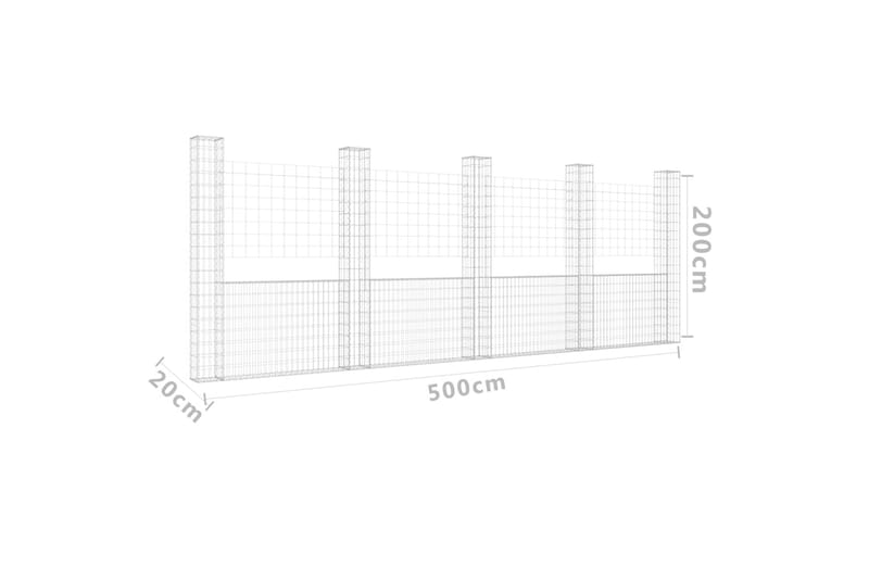 U-formad gabionkorg med 5 stolpar järn 500x20x200 cm - Silver - Utemöbler & utemiljö - Trädgårdsdekoration & utemiljö - Staket & grind