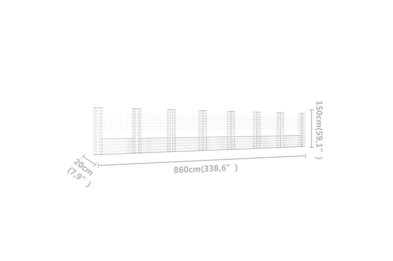 U-formad gabionkorg med 8 stolpar järn 860x20x150 cm - Silver - Utemöbler & utemiljö - Trädgårdsdekoration & utemiljö - Staket & grind